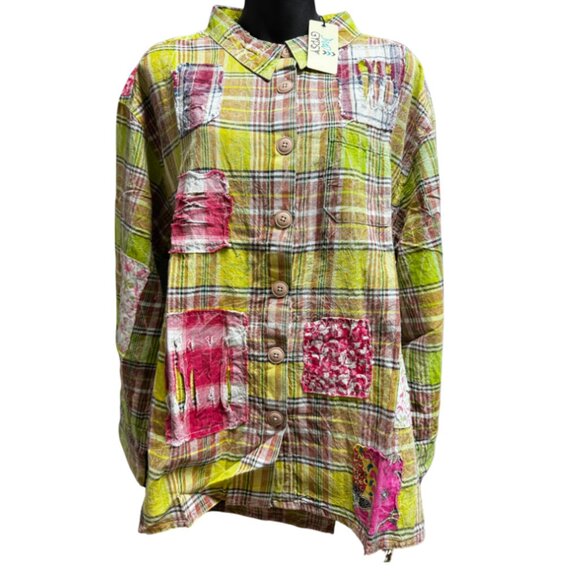 Jaded Gypsy Delightful Gardens Plaid Button Down Shirt with Patchwork - Picture 1 of 4